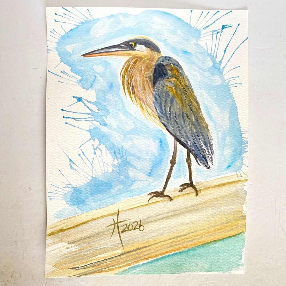 Great Blue Heron on the Dock Art Original Watercolor Painting 11x14in Matted - Picture 4 of 6